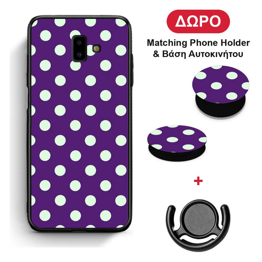 Mint Polka Dots on Purple - Samsung Galaxy J6+ θήκη + Δώρο Phone Holder & Βάση Αυτοκινήτου