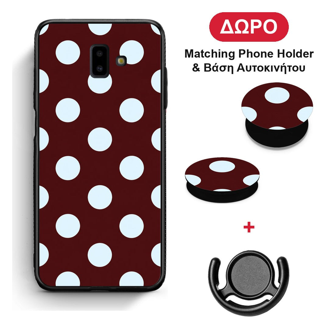 Pale Blue Large Polka Dots on Burgundy - Samsung Galaxy J6+ θήκη + Δώρο Phone Holder & Βάση Αυτοκινήτου