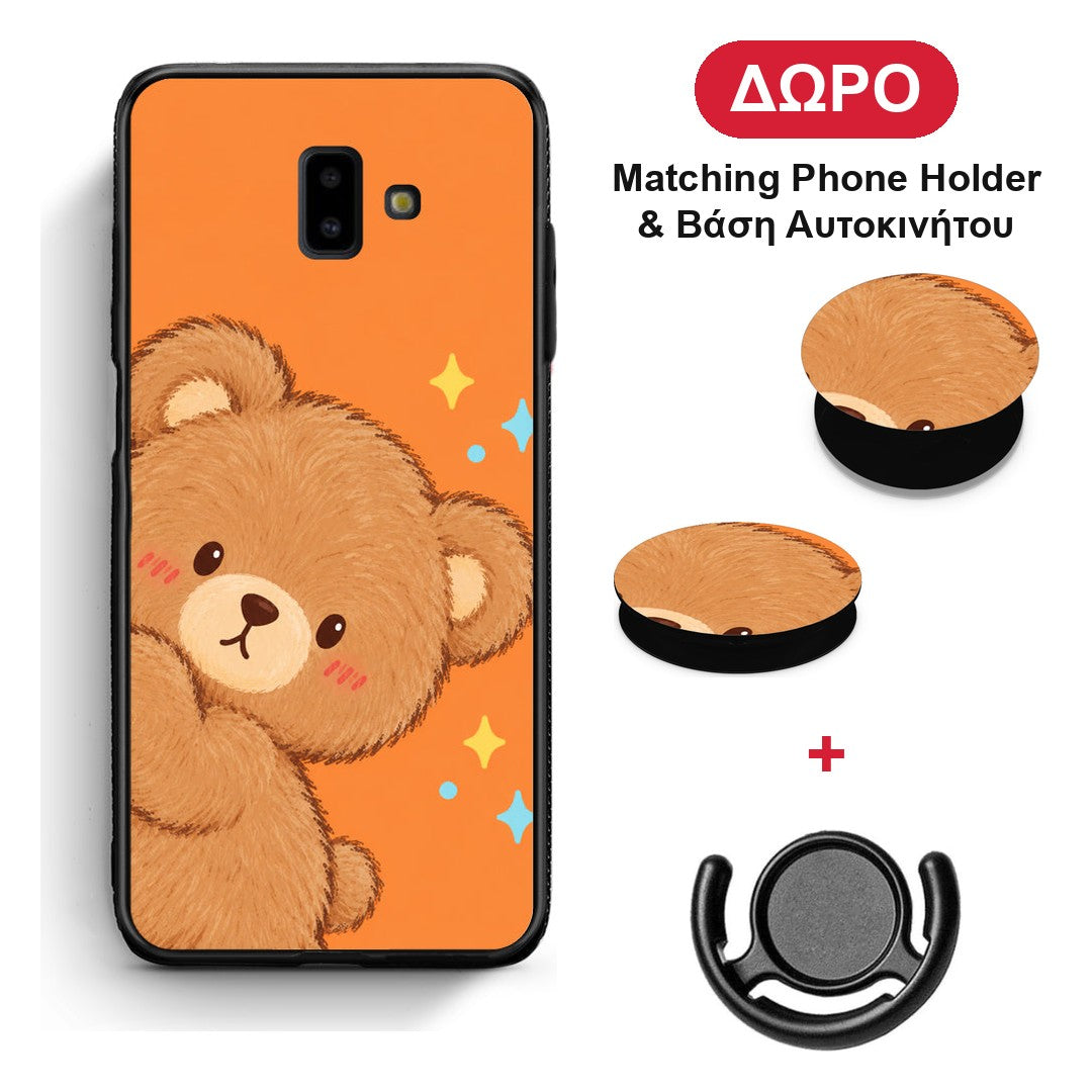 Peekaboo Teddy on Orange - Samsung Galaxy J6+ θήκη + Δώρο Phone Holder & Βάση Αυτοκινήτου