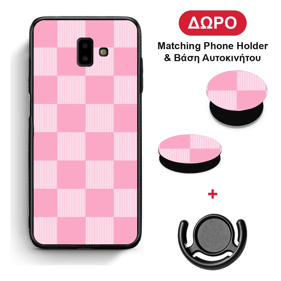 Pink and White Striped Checks - Samsung Galaxy J6+ θήκη + Δώρο Phone Holder & Βάση Αυτοκινήτου