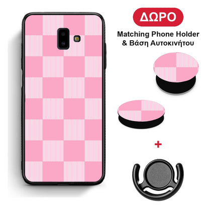 Pink and White Striped Checks - Samsung Galaxy J6+ θήκη + Δώρο Phone Holder & Βάση Αυτοκινήτου