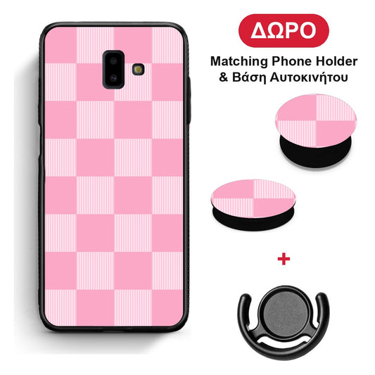 Pink and White Striped Checks - Samsung Galaxy J6+ θήκη + Δώρο Phone Holder & Βάση Αυτοκινήτου