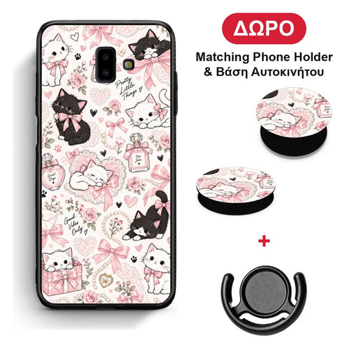 Pink Bows and Kittens Collage - Samsung Galaxy J6+ θήκη + Δώρο Phone Holder & Βάση Αυτοκινήτου