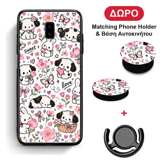 Pink Florals Puppies and Bunnies on White - Samsung Galaxy J6+ θήκη + Δώρο Phone Holder & Βάση Αυτοκινήτου