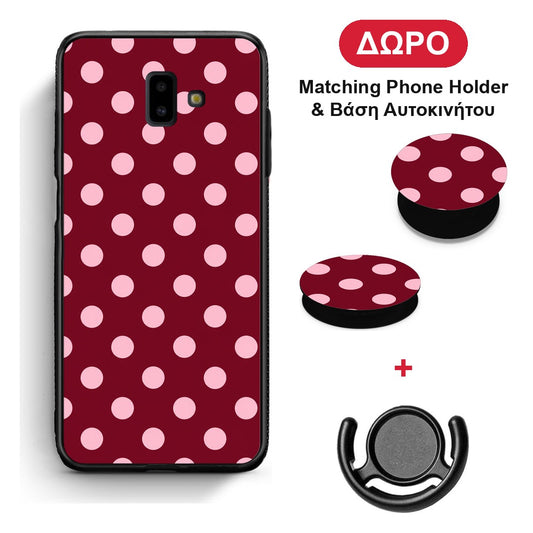 Pink Polka Dots on Burgundy - Samsung Galaxy J6+ θήκη + Δώρο Phone Holder & Βάση Αυτοκινήτου