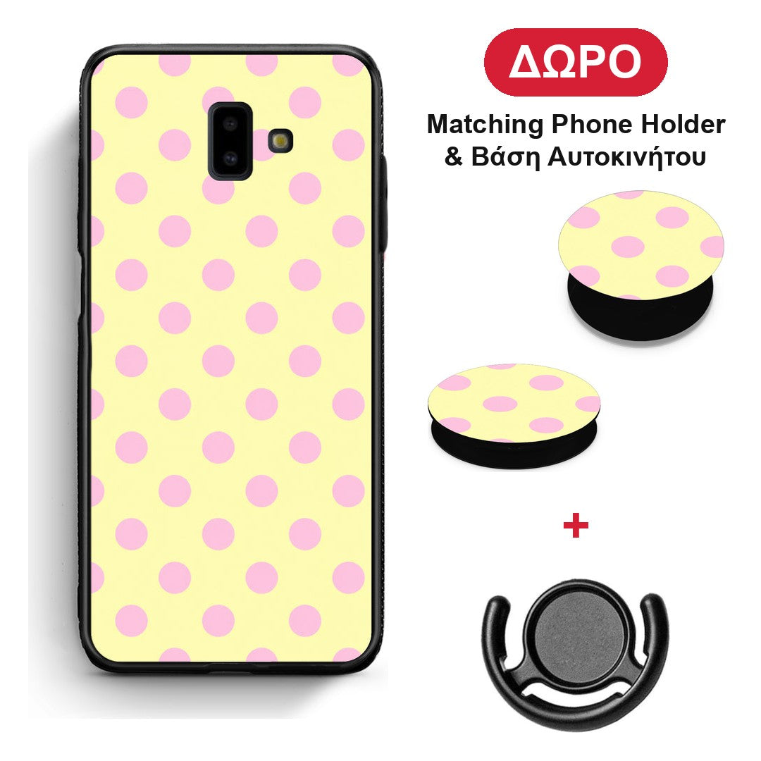Pink Polka Dots on Yellow - Samsung Galaxy J6+ θήκη + Δώρο Phone Holder & Βάση Αυτοκινήτου
