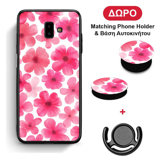 Pink Watercolour Flowers on White - Samsung Galaxy J6+ θήκη + Δώρο Phone Holder & Βάση Αυτοκινήτου