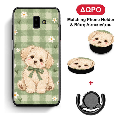 Puppy and Daisies on Sage Gingham - Samsung Galaxy J6+ θήκη + Δώρο Phone Holder & Βάση Αυτοκινήτου