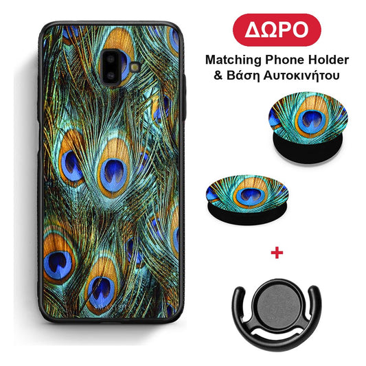 Real Peacock Feathers - Samsung Galaxy J6+ θήκη + Δώρο Phone Holder & Βάση Αυτοκινήτου