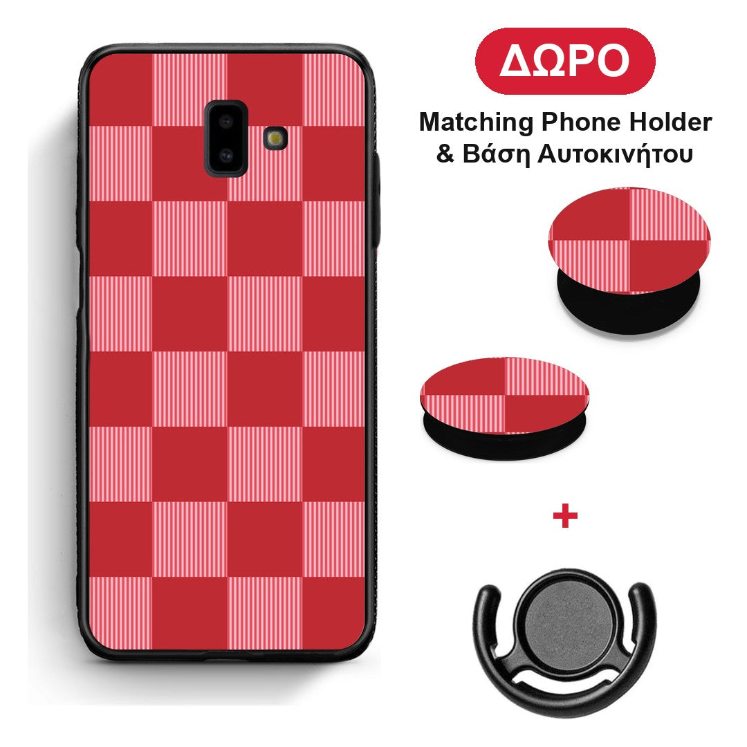 Red and Pink Striped Checks - Samsung Galaxy J6+ θήκη + Δώρο Phone Holder & Βάση Αυτοκινήτου