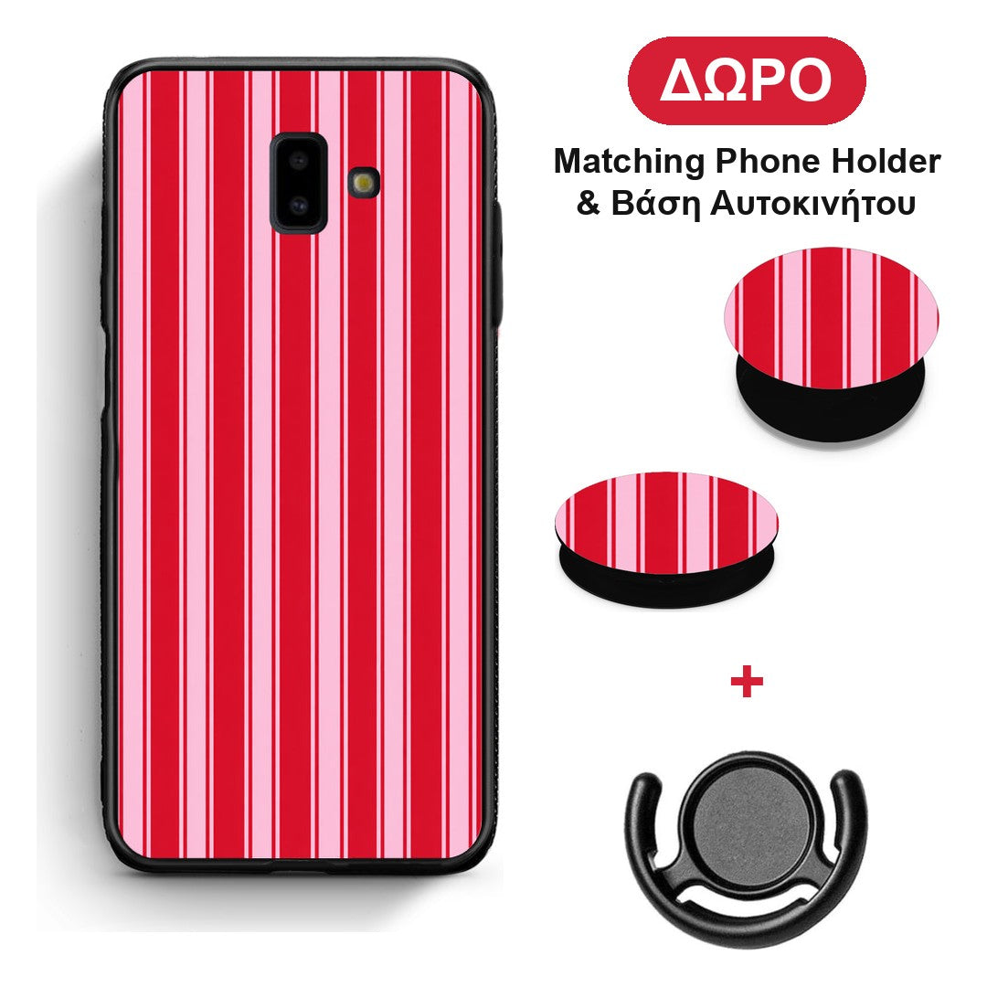 Red and Pink Vertical Pinstripes - Samsung Galaxy J6+ θήκη + Δώρο Phone Holder & Βάση Αυτοκινήτου