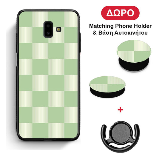 Sage and Cream Striped Checks - Samsung Galaxy J6+ θήκη + Δώρο Phone Holder & Βάση Αυτοκινήτου