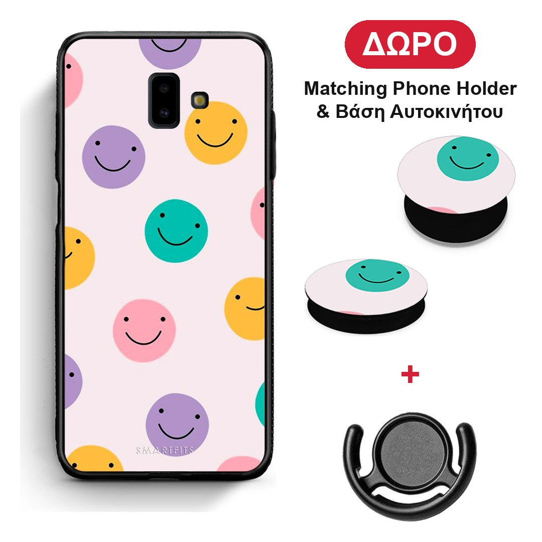 Smiley Faces - Samsung Galaxy J6+ θήκη + Δώρο Phone Holder & Βάση Αυτοκινήτου