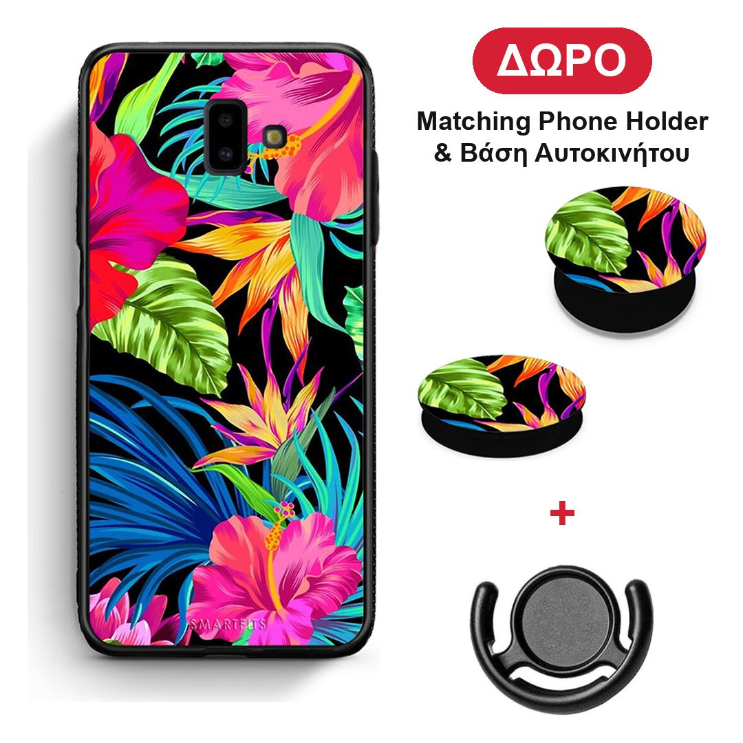 Tropical Flowers - Samsung Galaxy J6+ θήκη + Δώρο Phone Holder & Βάση Αυτοκινήτου
