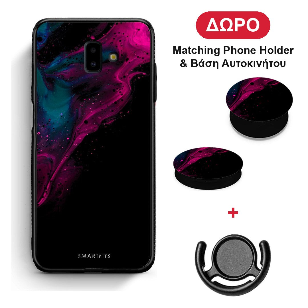 Watercolor Pink Black - Samsung Galaxy J6+ θήκη + Δώρο Phone Holder & Βάση Αυτοκινήτου