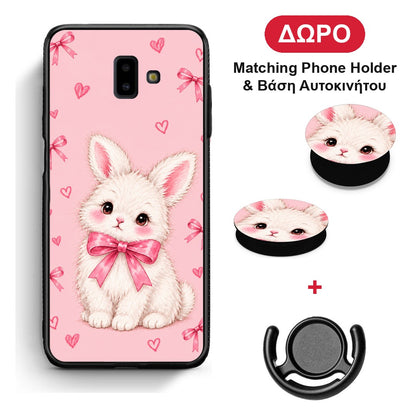 White Bunny and Pink Bows - Samsung Galaxy J6+ θήκη + Δώρο Phone Holder & Βάση Αυτοκινήτου