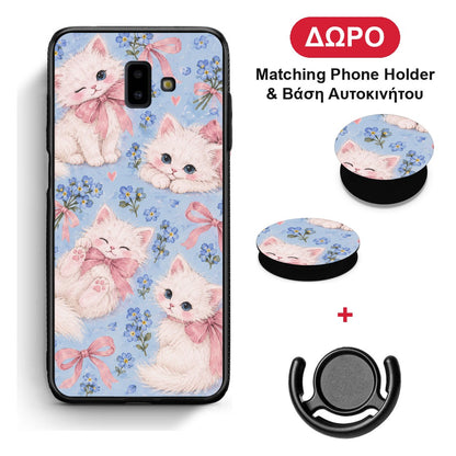 White Kittens and Blue Flowers Large - Samsung Galaxy J6+ θήκη + Δώρο Phone Holder & Βάση Αυτοκινήτου