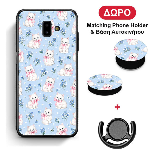 White Kittens and Blue Flowers Small - Samsung Galaxy J6+ θήκη + Δώρο Phone Holder & Βάση Αυτοκινήτου