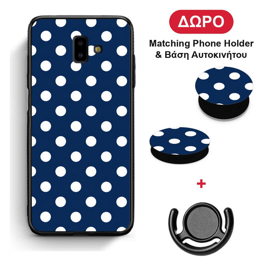 White Large Polka Dots on Navy - Samsung Galaxy J6+ θήκη + Δώρο Phone Holder & Βάση Αυτοκινήτου