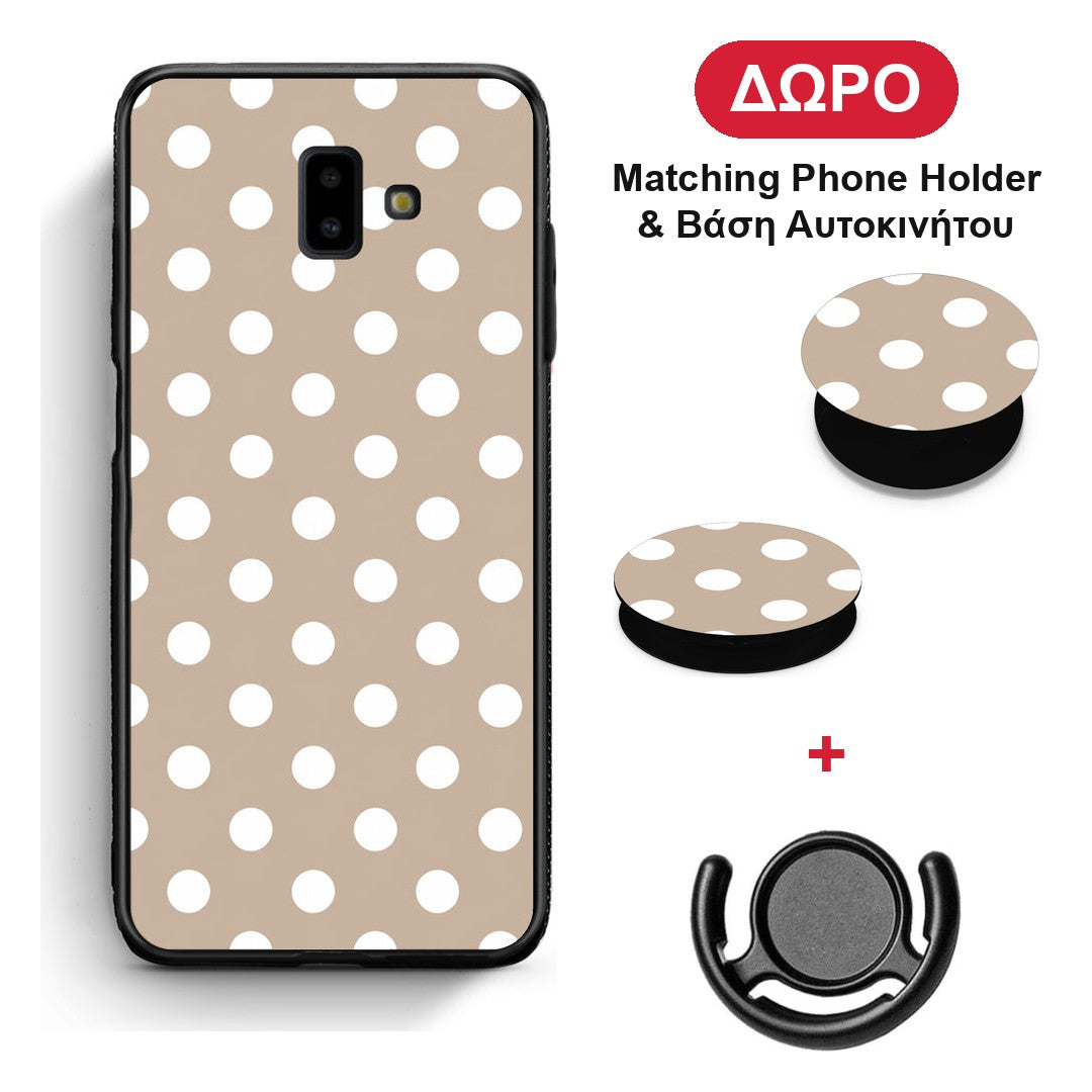 White Polka Dots on Taupe - Samsung Galaxy J6+ θήκη + Δώρο Phone Holder & Βάση Αυτοκινήτου