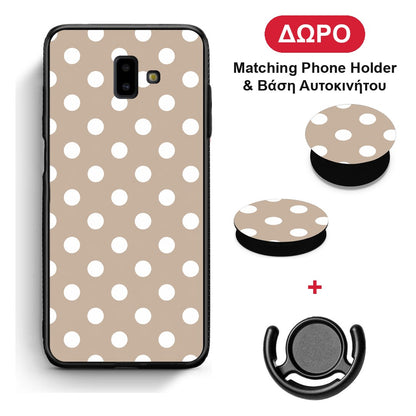 White Polka Dots on Taupe - Samsung Galaxy J6+ θήκη + Δώρο Phone Holder & Βάση Αυτοκινήτου