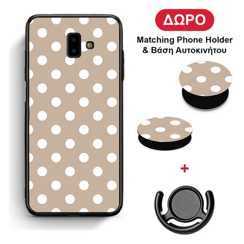 White Polka Dots on Taupe - Samsung Galaxy J6+ θήκη + Δώρο Phone Holder & Βάση Αυτοκινήτου