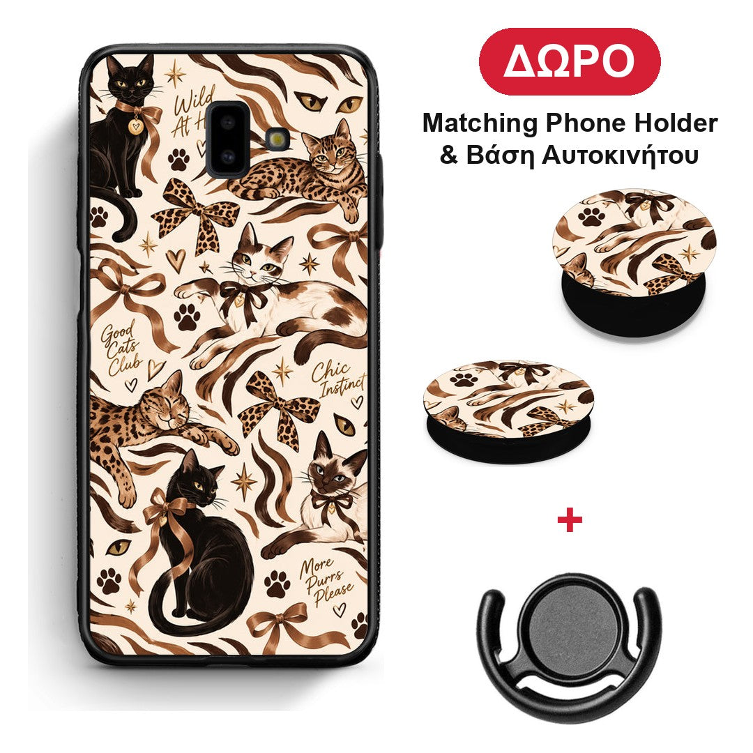Wild Cats and Animal Print Collage - Samsung Galaxy J6+ θήκη + Δώρο Phone Holder & Βάση Αυτοκινήτου