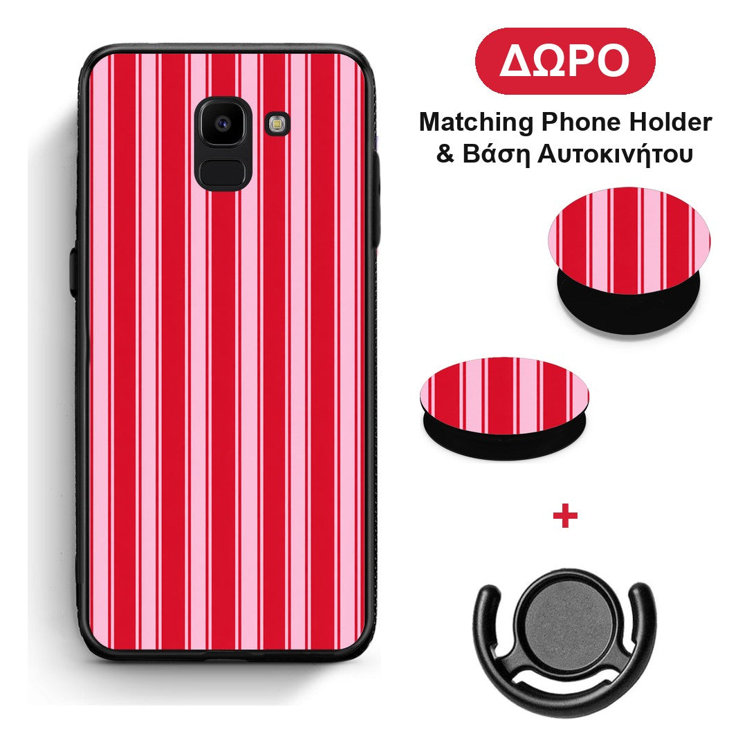 Red and Pink Vertical Pinstripes - Samsung Galaxy J6 θήκη + Δώρο Phone Holder & Βάση Αυτοκινήτου