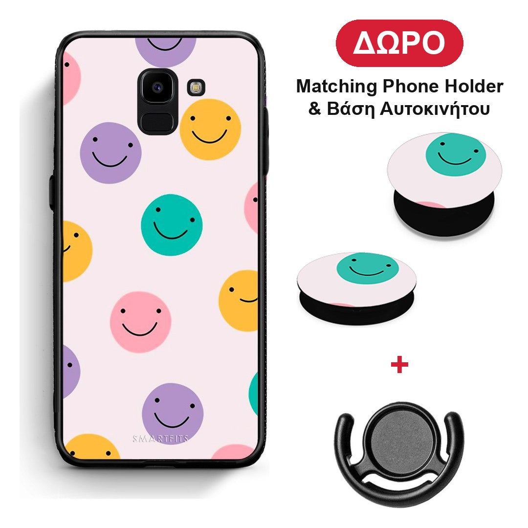 Smiley Faces - Samsung Galaxy J6 θήκη + Δώρο Phone Holder & Βάση Αυτοκινήτου