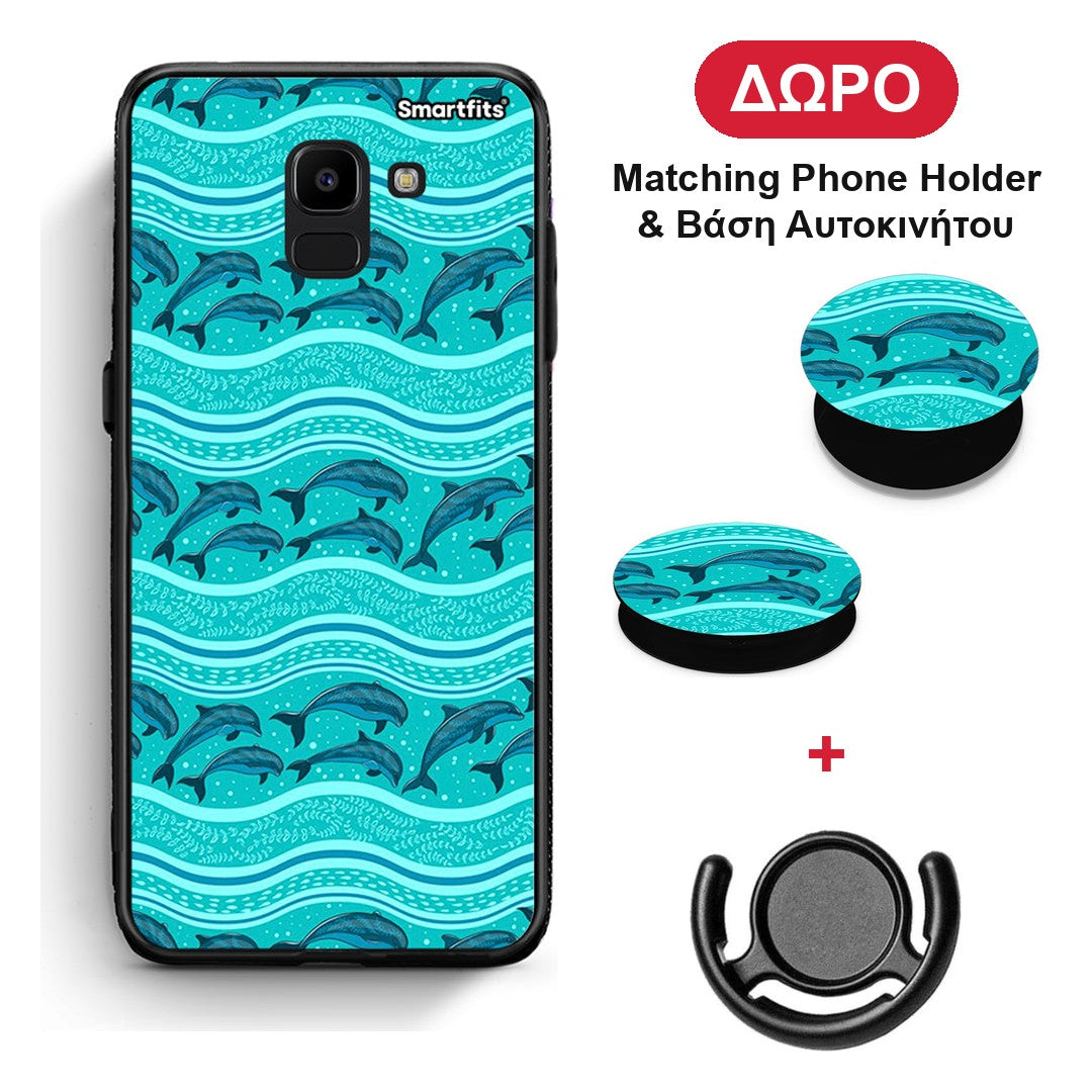 Swimming Dolphins - Samsung Galaxy J6 θήκη + Δώρο Phone Holder & Βάση Αυτοκινήτου