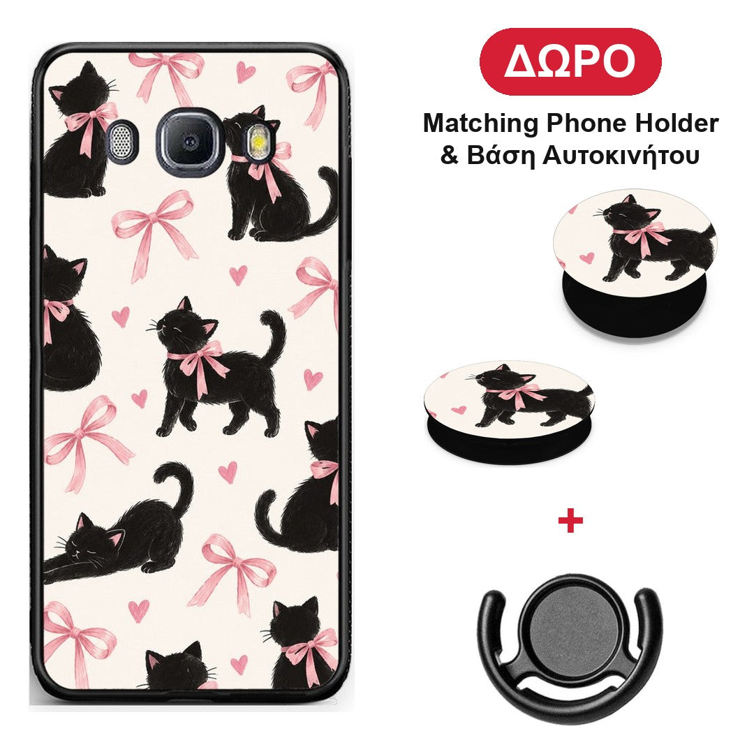 Black Kittens and Pink Bows on Cream Large - Samsung Galaxy J7 2016 θήκη + Δώρο Phone Holder & Βάση Αυτοκινήτου