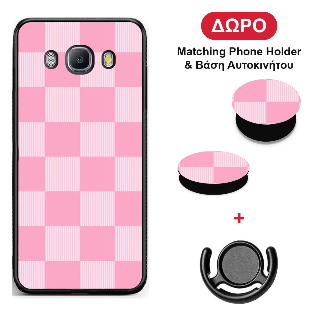Pink and White Striped Checks - Samsung Galaxy J7 2016 θήκη + Δώρο Phone Holder & Βάση Αυτοκινήτου
