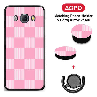 Pink and White Striped Checks - Samsung Galaxy J7 2016 θήκη + Δώρο Phone Holder & Βάση Αυτοκινήτου