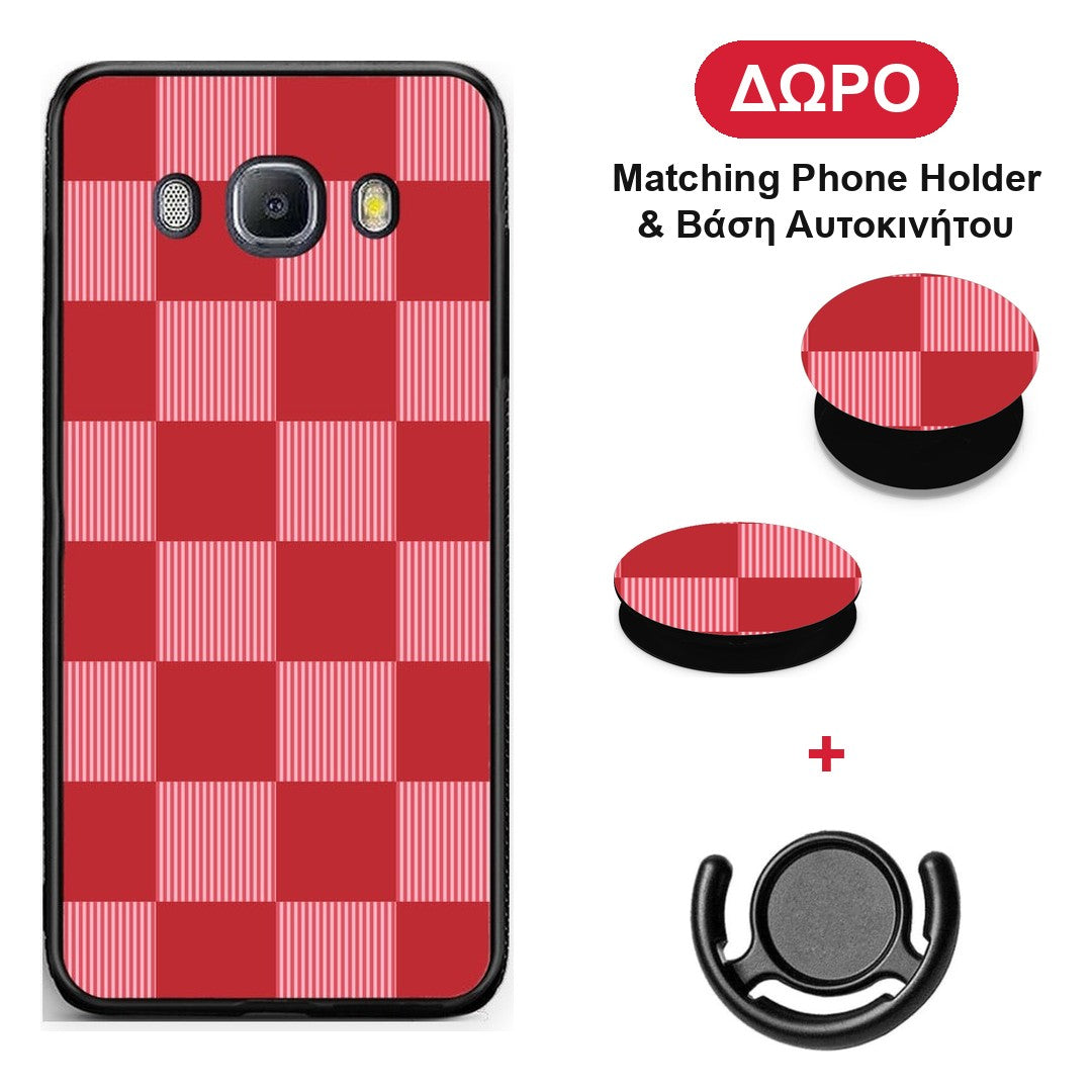Red and Pink Striped Checks - Samsung Galaxy J7 2016 θήκη + Δώρο Phone Holder & Βάση Αυτοκινήτου