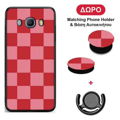 Red and Pink Striped Checks - Samsung Galaxy J7 2016 θήκη + Δώρο Phone Holder & Βάση Αυτοκινήτου