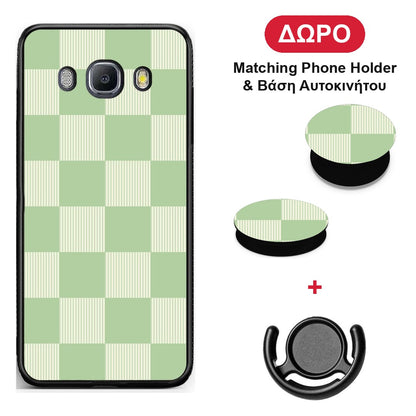 Sage and Cream Striped Checks - Samsung Galaxy J7 2016 θήκη + Δώρο Phone Holder & Βάση Αυτοκινήτου