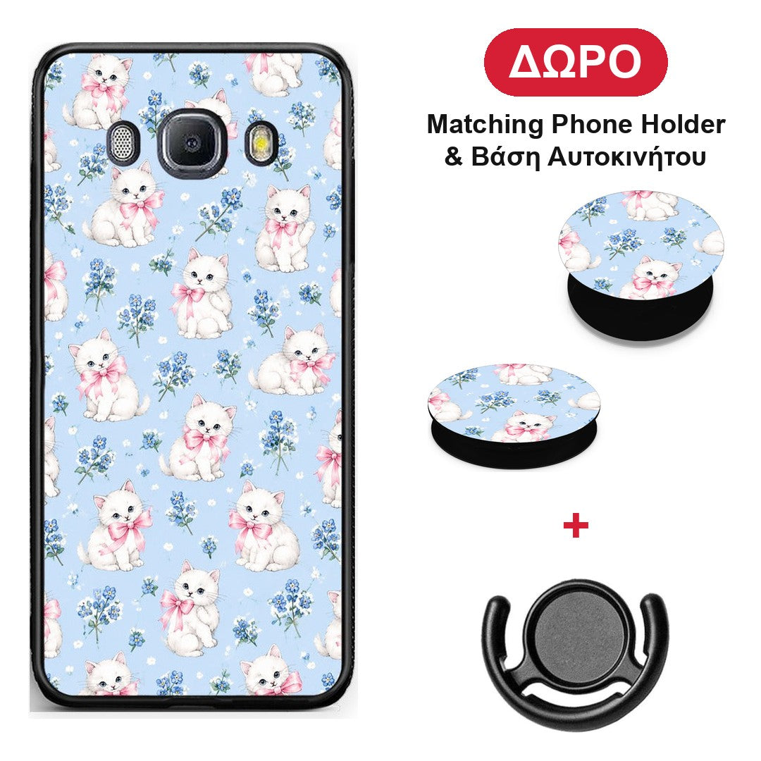 White Kittens and Blue Flowers Small - Samsung Galaxy J7 2016 θήκη + Δώρο Phone Holder & Βάση Αυτοκινήτου