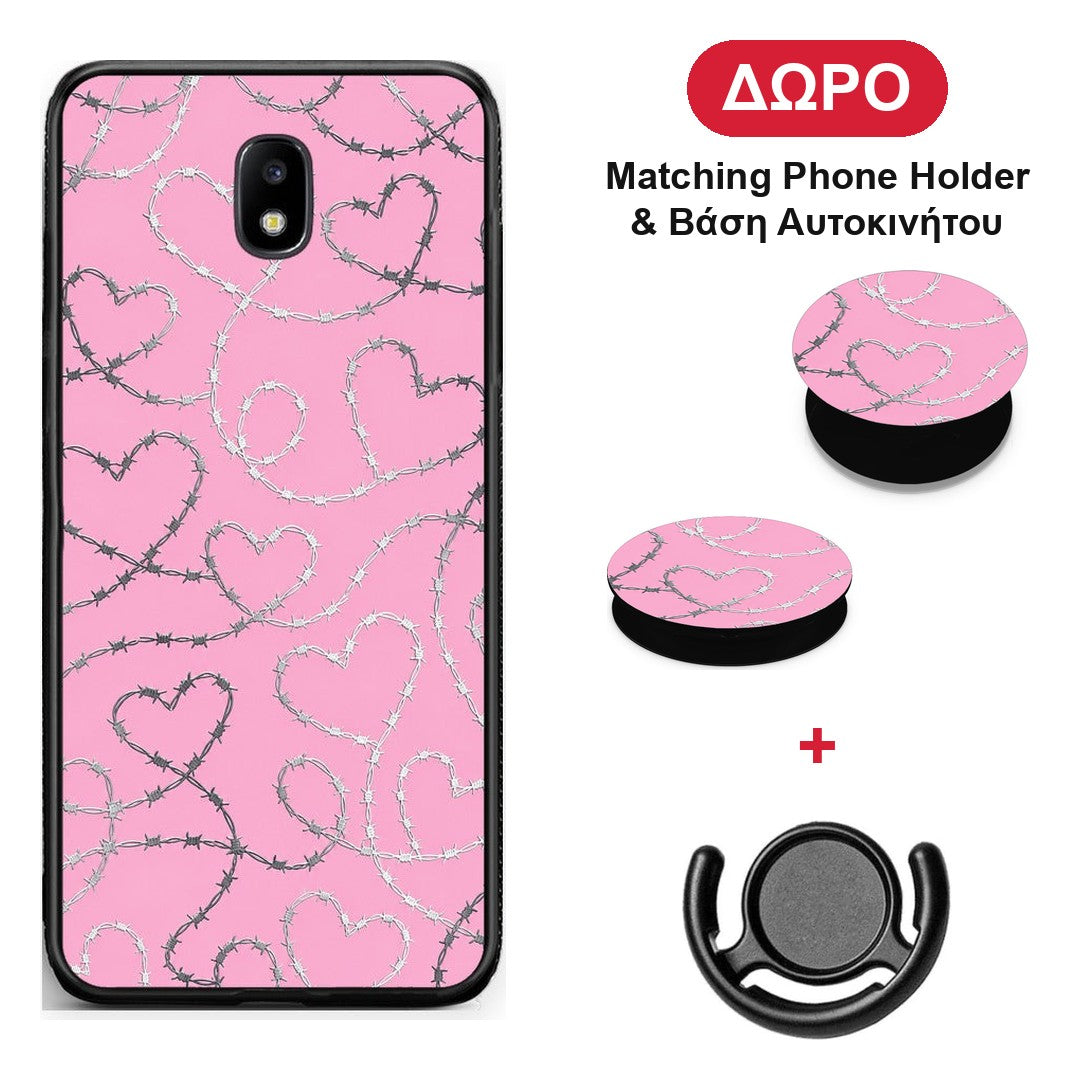 Barbed Wire Hearts on Pink - Samsung Galaxy J7 2017 θήκη + Δώρο Phone Holder & Βάση Αυτοκινήτου