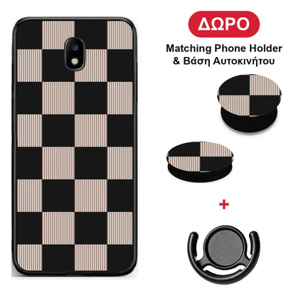 Black and Taupe Striped Checks - Samsung Galaxy J7 2017 θήκη + Δώρο Phone Holder & Βάση Αυτοκινήτου