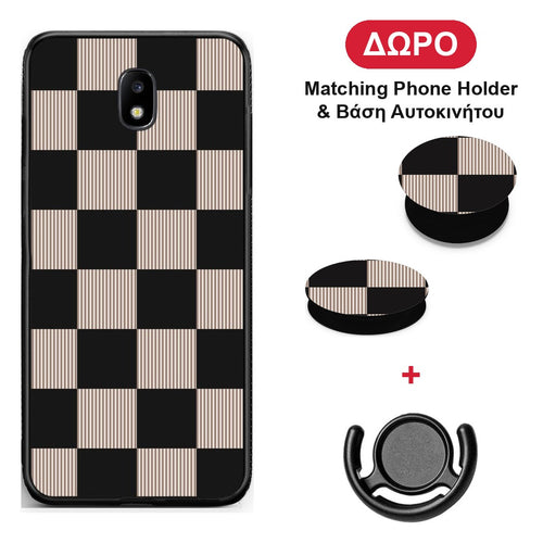 Black and Taupe Striped Checks - Samsung Galaxy J7 2017 θήκη + Δώρο Phone Holder & Βάση Αυτοκινήτου