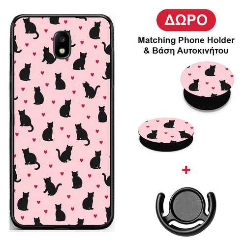 Black Cat Silhouettes and Hearts on Pink - Samsung Galaxy J7 2017 θήκη + Δώρο Phone Holder & Βάση Αυτοκινήτου