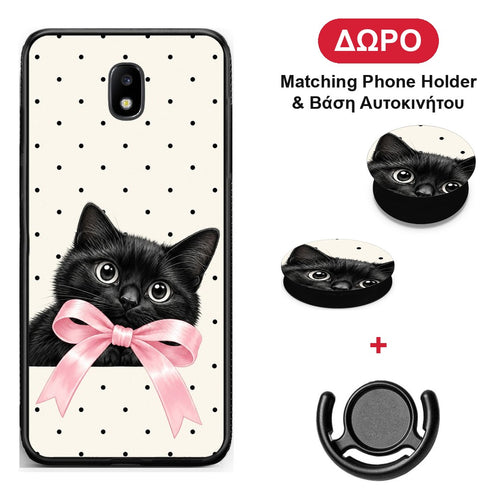 Black Kitten Pink Bow and Polka Dots - Samsung Galaxy J7 2017 θήκη + Δώρο Phone Holder & Βάση Αυτοκινήτου