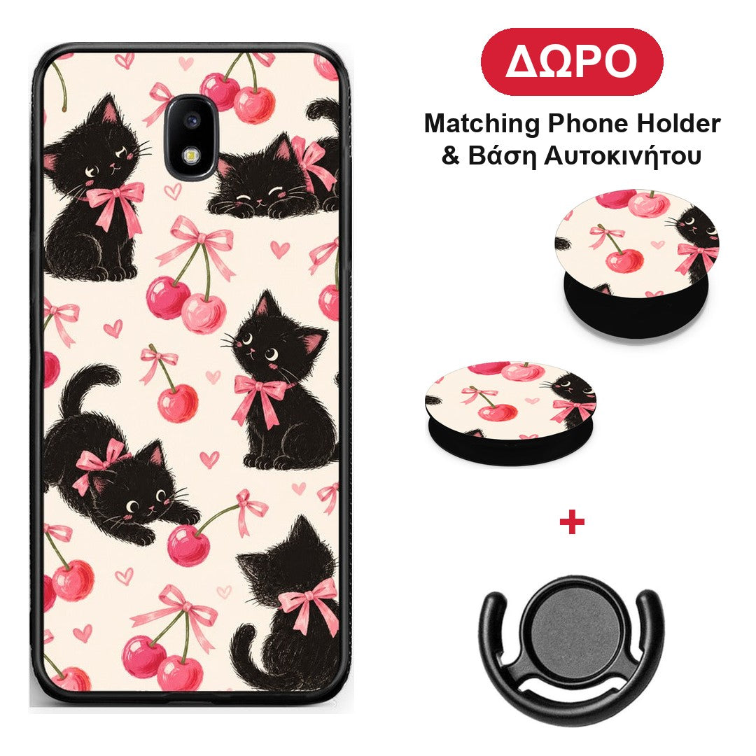 Black Kittens and Cherries on Cream - Samsung Galaxy J7 2017 θήκη + Δώρο Phone Holder & Βάση Αυτοκινήτου
