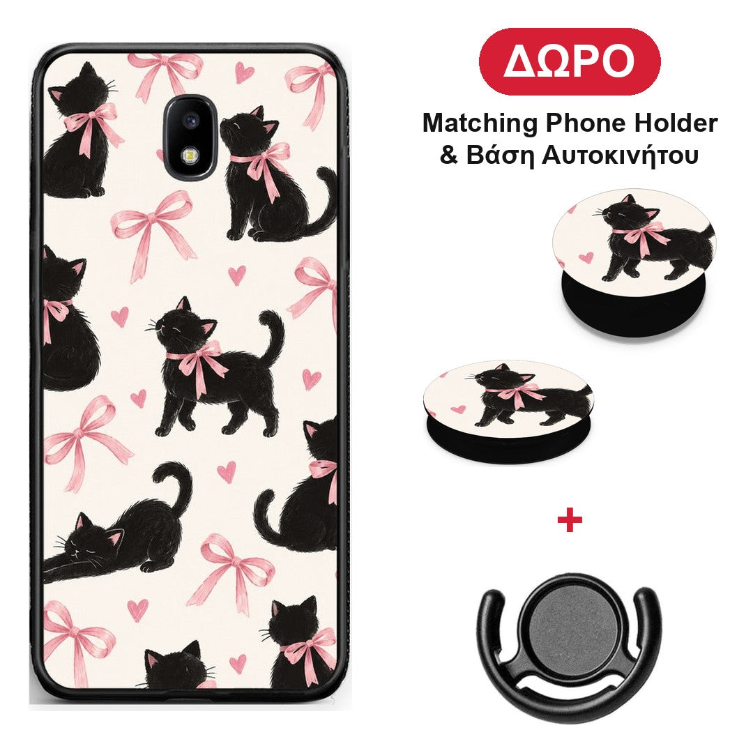 Black Kittens and Pink Bows on Cream Large - Samsung Galaxy J7 2017 θήκη + Δώρο Phone Holder & Βάση Αυτοκινήτου