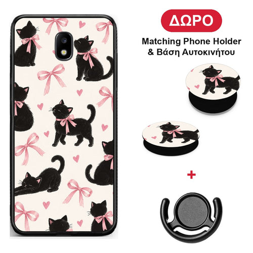 Black Kittens and Pink Bows on Cream Large - Samsung Galaxy J7 2017 θήκη + Δώρο Phone Holder & Βάση Αυτοκινήτου