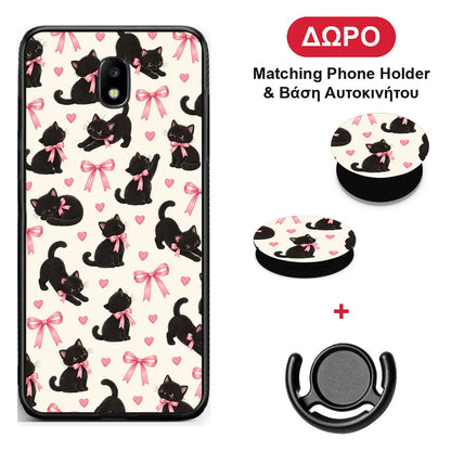 Black Kittens and Pink Bows on Cream Small - Samsung Galaxy J7 2017 θήκη + Δώρο Phone Holder & Βάση Αυτοκινήτου