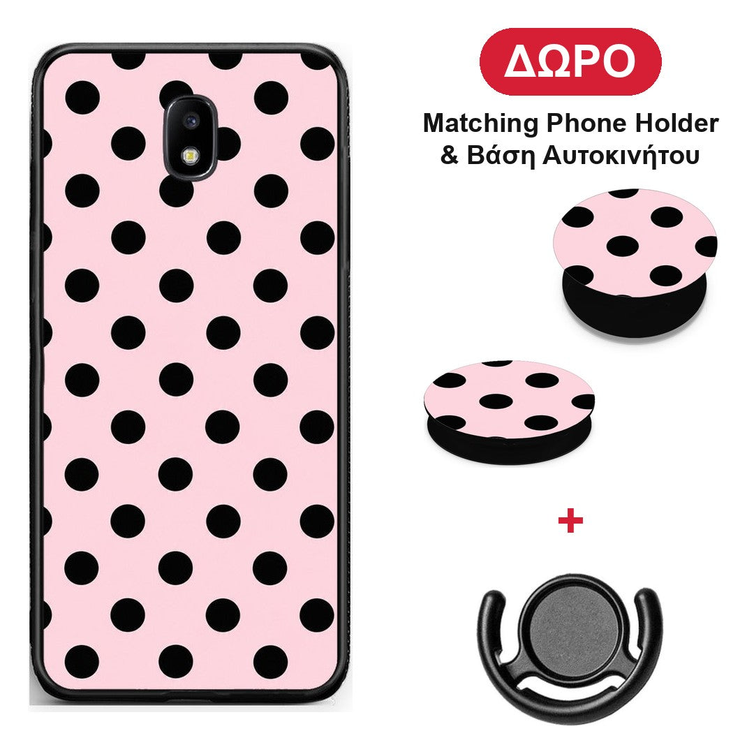 Black Polka Dots on Pink - Samsung Galaxy J7 2017 θήκη + Δώρο Phone Holder & Βάση Αυτοκινήτου