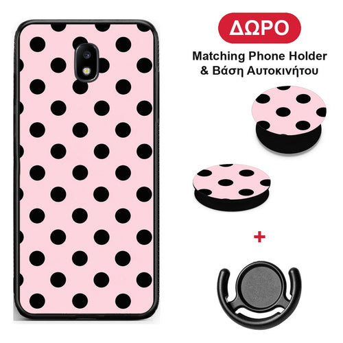 Black Polka Dots on Pink - Samsung Galaxy J7 2017 θήκη + Δώρο Phone Holder & Βάση Αυτοκινήτου