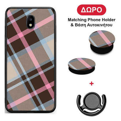 Brown Pink and Blue Diagonal Plaid - Samsung Galaxy J7 2017 θήκη + Δώρο Phone Holder & Βάση Αυτοκινήτου