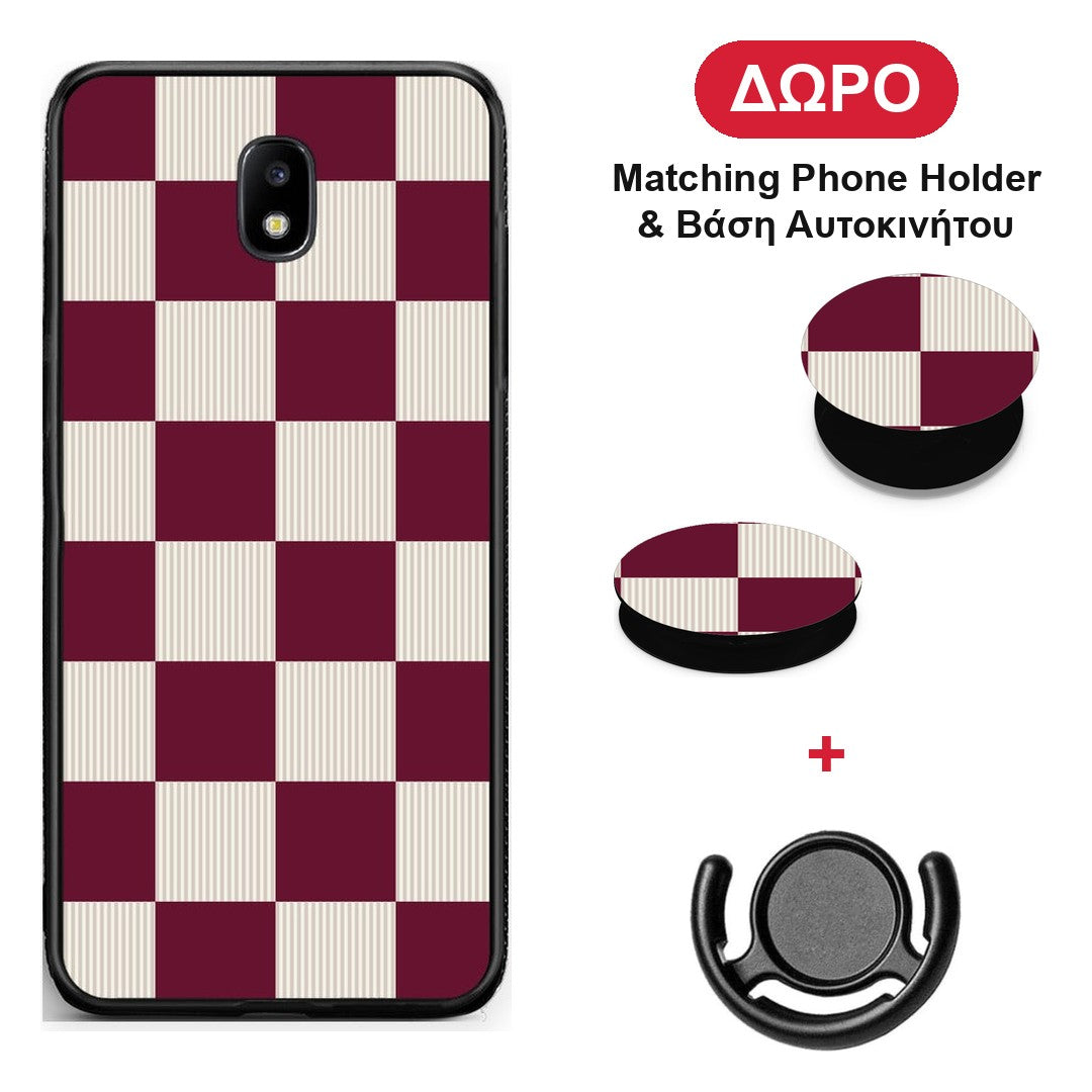 Burgundy and Cream Striped Checks - Samsung Galaxy J7 2017 θήκη + Δώρο Phone Holder & Βάση Αυτοκινήτου